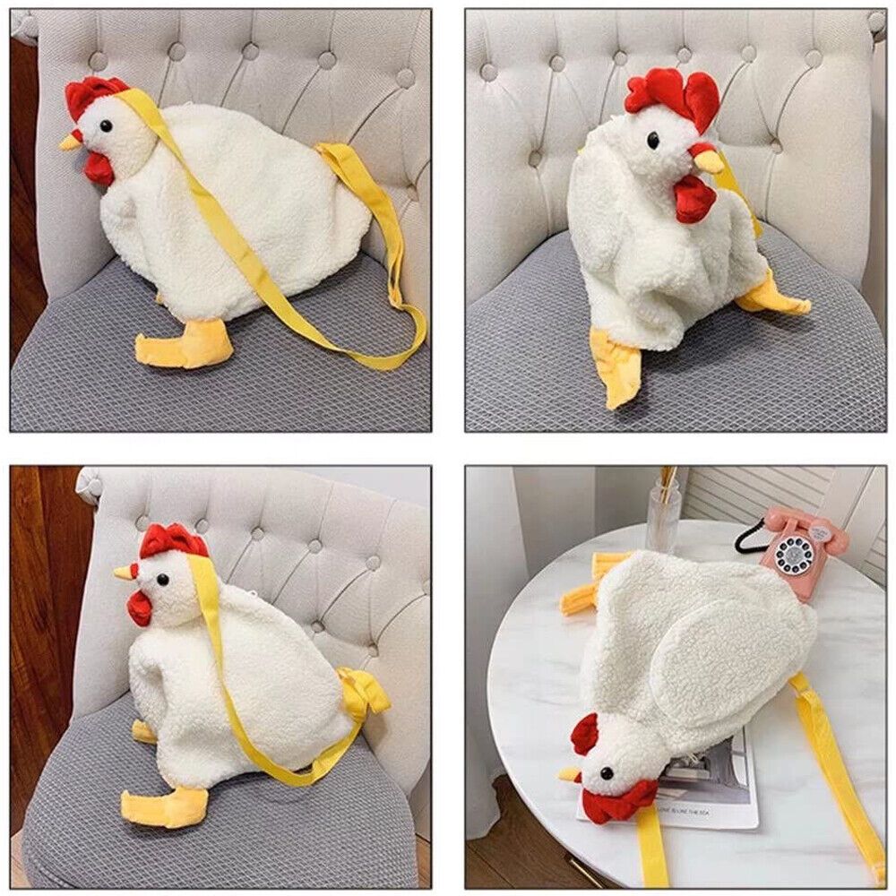 four pictures of a stuffed chicken on a chair