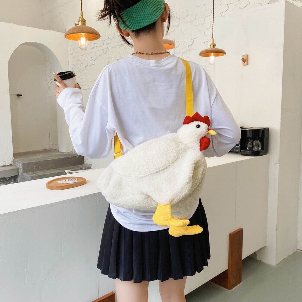 a woman with a chicken on her back