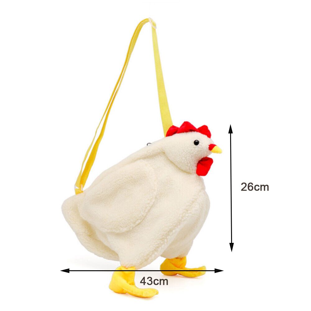 a white stuffed chicken with a red comb on it's head