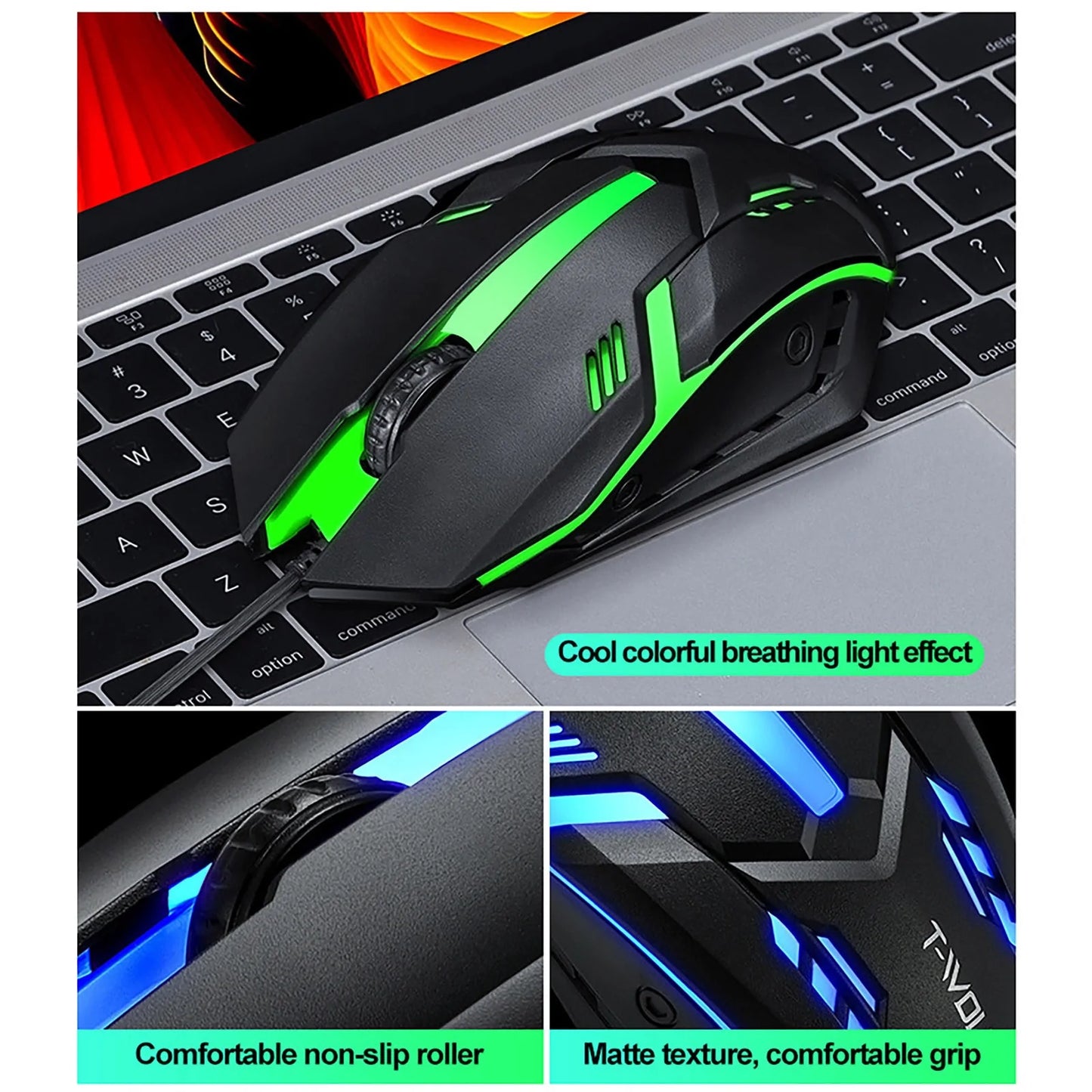 Rainbow Backlit Wired Gaming Keyboard and Mouse Kit with One-Click Light Control